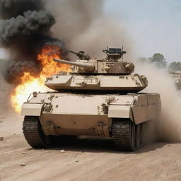 A robust armored vehicle in the midst of combat, machine gun turret blazing as it discharges a hail of bullets, set against a high-intensity war zone.