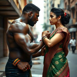 A dramatic scene showcasing the confrontation of an African black man and an Indian woman wearing a beautifully detailed saree