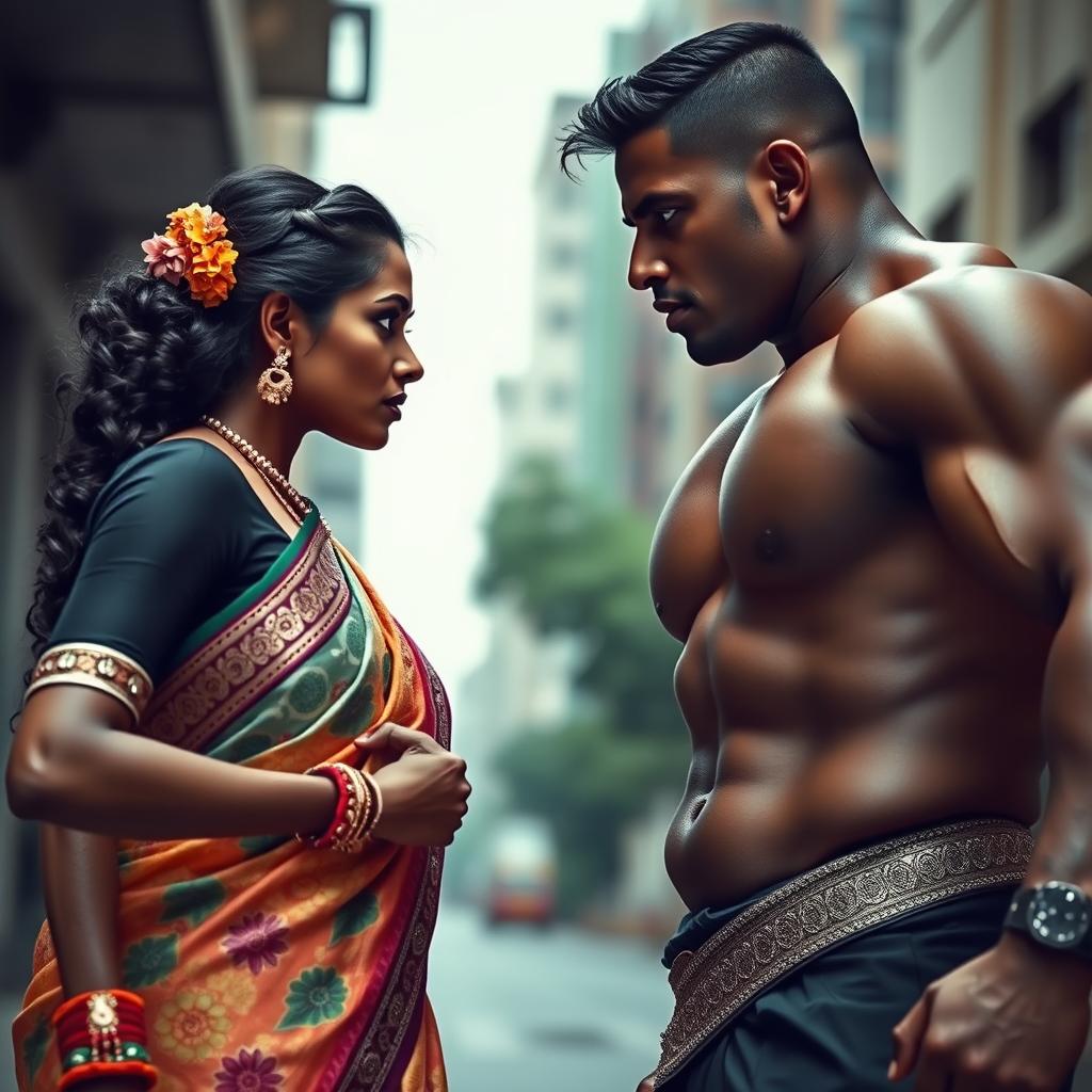 A dramatic scene showcasing the confrontation of an African black man and an Indian woman wearing a beautifully detailed saree