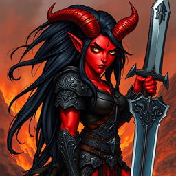 A full-body illustration of a female tiefling warrior character from Dungeons and Dragons