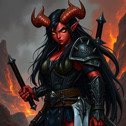 A full-body illustration of a female tiefling warrior character from Dungeons and Dragons