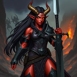 A full-body illustration of a female tiefling warrior character from Dungeons and Dragons