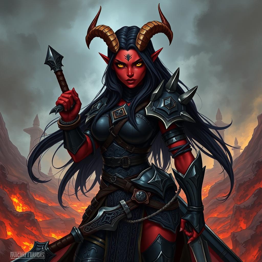 A full-body illustration of a female tiefling warrior character from Dungeons and Dragons