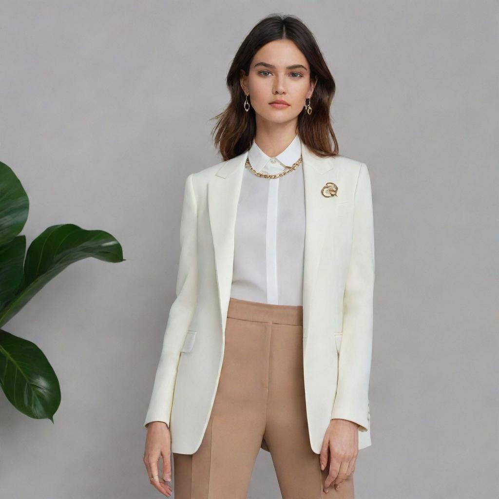 An ultra-modern, chic outfit with curated pieces, rendered in a semi-realistic style that effortlessly melds both reality and fashion-forward aesthetics.