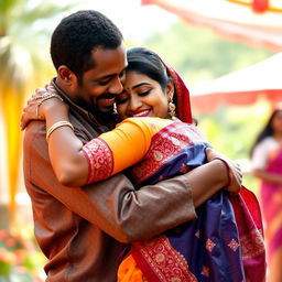 A warm and loving scene featuring an African black man embracing an Indian woman dressed in a beautiful saree