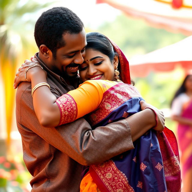 A warm and loving scene featuring an African black man embracing an Indian woman dressed in a beautiful saree