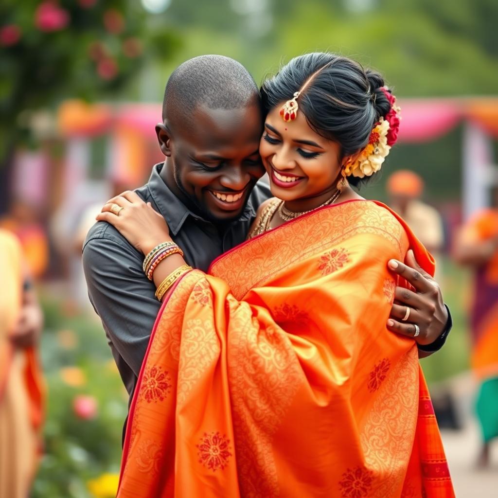 A warm and loving scene featuring an African black man embracing an Indian woman dressed in a beautiful saree