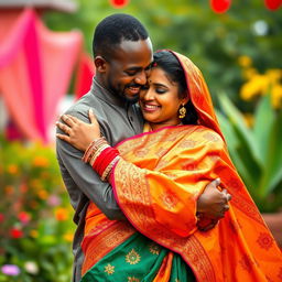 A warm and loving scene featuring an African black man embracing an Indian woman dressed in a beautiful saree