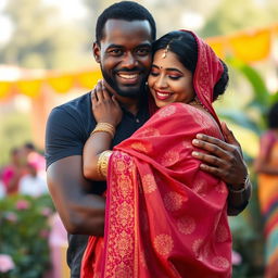 A warm and loving scene featuring an African black man embracing an Indian woman dressed in a beautiful saree