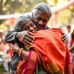 A heartwarming scene featuring an older African black man gently embracing an Indian woman wearing a beautiful saree