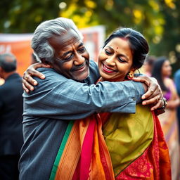 A heartwarming scene featuring an older African black man gently embracing an Indian woman wearing a beautiful saree