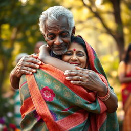 A heartwarming scene featuring an older African black man gently embracing an Indian woman wearing a beautiful saree