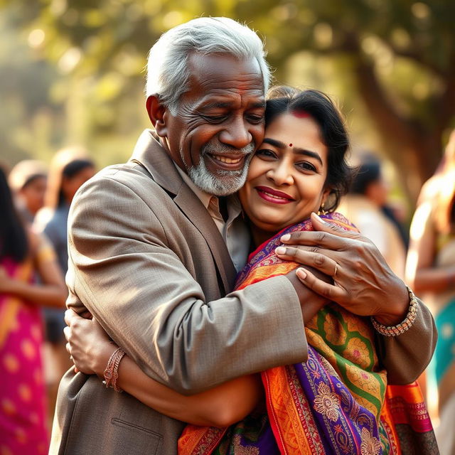 A heartwarming scene featuring an older African black man gently embracing an Indian woman wearing a beautiful saree