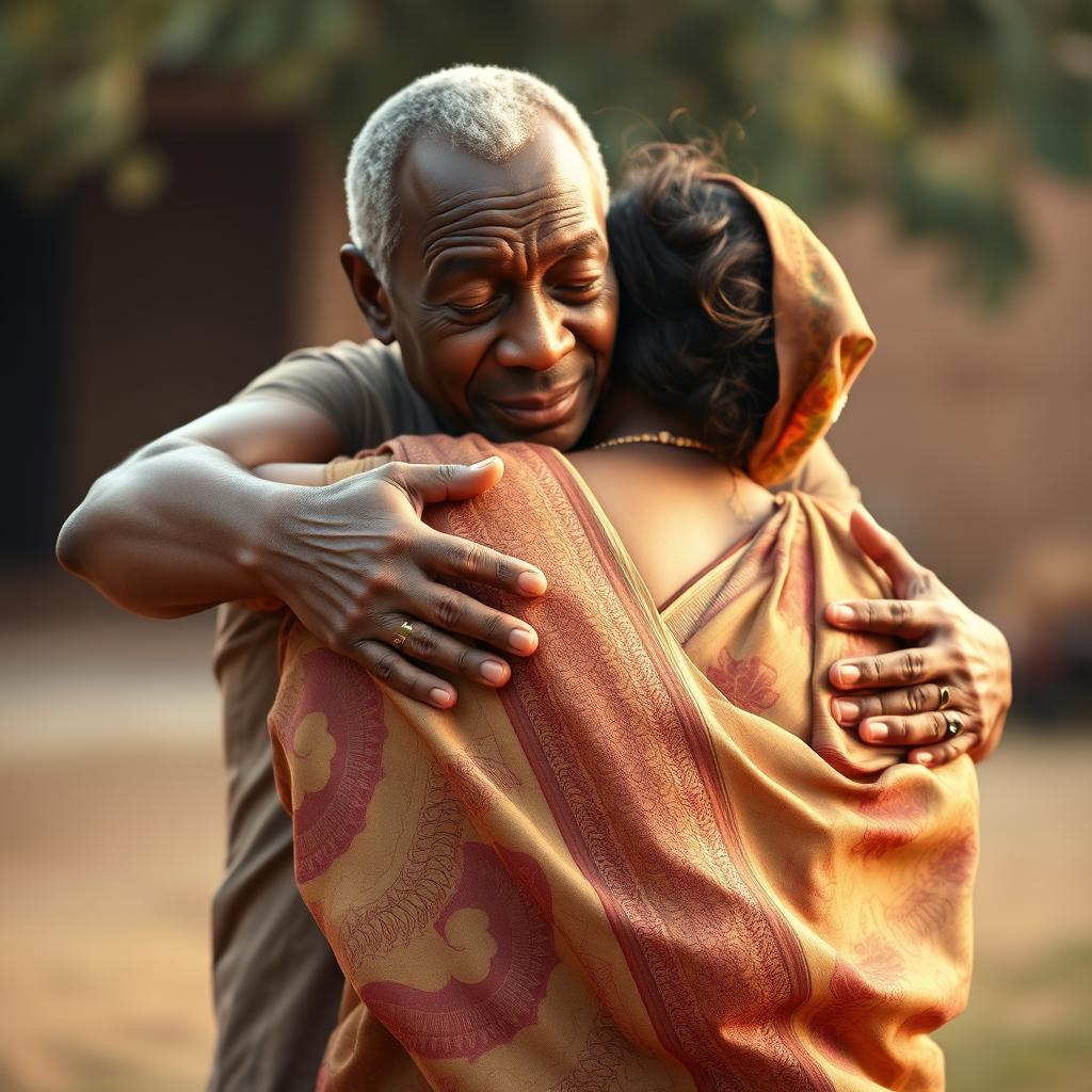 A touching scene portraying an older African man tenderly embracing an Indian woman dressed in a beautifully patterned saree