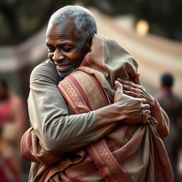 A touching scene portraying an older African man tenderly embracing an Indian woman dressed in a beautifully patterned saree