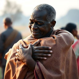 A touching scene portraying an older African man tenderly embracing an Indian woman dressed in a beautifully patterned saree