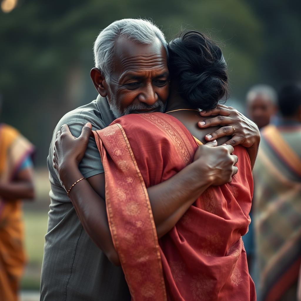 A touching scene portraying an older African man tenderly embracing an Indian woman dressed in a beautifully patterned saree