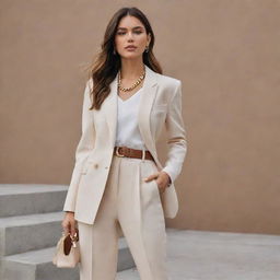 An ultra-modern, chic outfit with curated pieces, rendered in a semi-realistic style that effortlessly melds both reality and fashion-forward aesthetics.