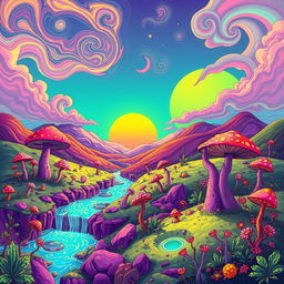 A vibrant, surreal illustration depicting a fantastical landscape influenced by hallucinogens