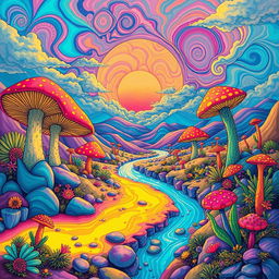 A vibrant, surreal illustration depicting a fantastical landscape influenced by hallucinogens