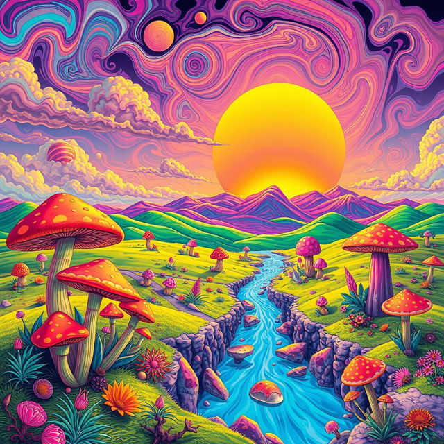 A vibrant, surreal illustration depicting a fantastical landscape influenced by hallucinogens