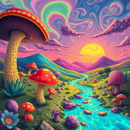 A vibrant, surreal illustration depicting a fantastical landscape influenced by hallucinogens