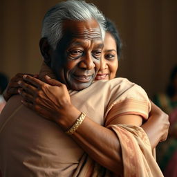 A touching scene depicting an older African man gently embracing an Indian woman in a beautifully designed saree