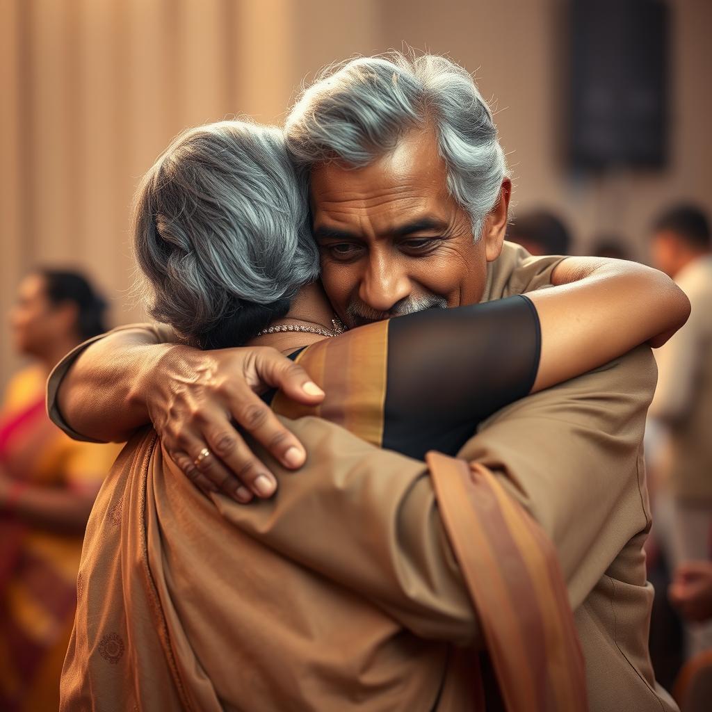 A touching scene depicting an older African man gently embracing an Indian woman in a beautifully designed saree