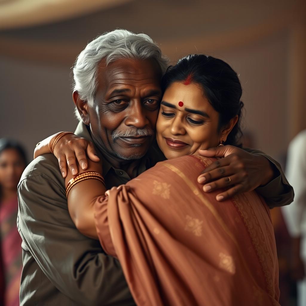 A touching scene depicting an older African man gently embracing an Indian woman in a beautifully designed saree