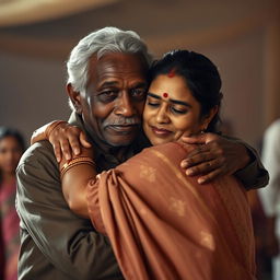 A touching scene depicting an older African man gently embracing an Indian woman in a beautifully designed saree