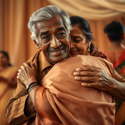 A touching scene depicting an older African man gently embracing an Indian woman in a beautifully designed saree