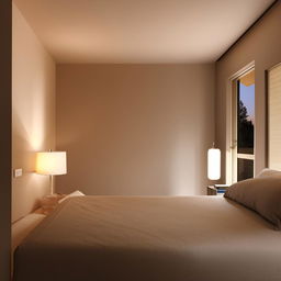 A minimalist yet elegant bedroom design with high-quality furnishings, soothing color palette, and optimal lighting