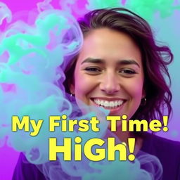 A vibrant and eye-catching YouTube thumbnail featuring a person with a joyful, slightly elevated expression, surrounded by swirling colorful smoke that adds a playful, psychedelic vibe