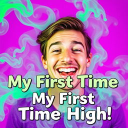 A vibrant and eye-catching YouTube thumbnail featuring a person with a joyful, slightly elevated expression, surrounded by swirling colorful smoke that adds a playful, psychedelic vibe