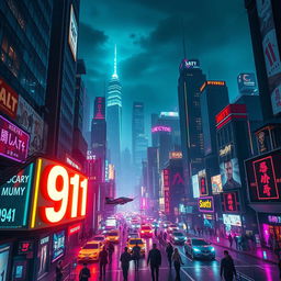 A vibrant and detailed cyberpunk cityscape at night, filled with neon lights and futuristic architecture