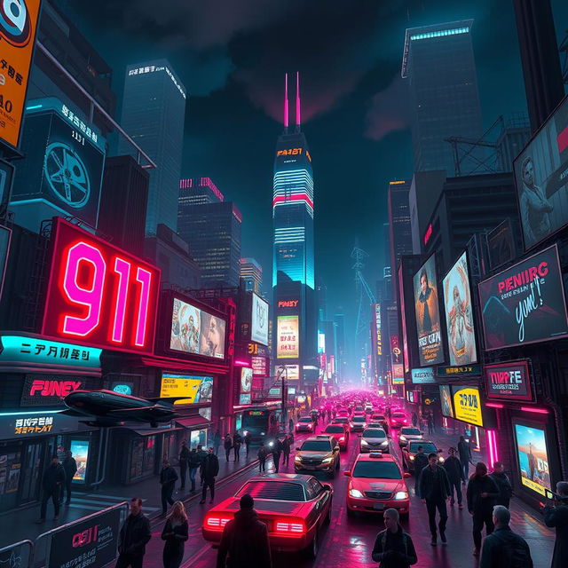 A vibrant and detailed cyberpunk cityscape at night, filled with neon lights and futuristic architecture