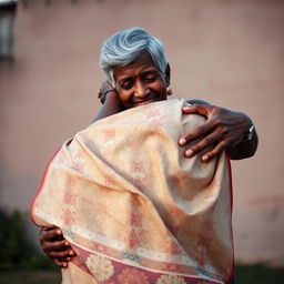 A heartfelt scene showcasing an older black African man tenderly embracing an Indian woman dressed in a richly patterned saree