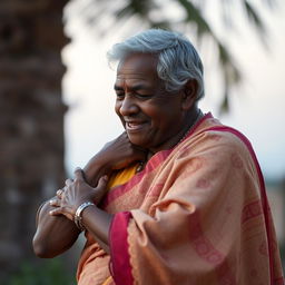 A heartfelt scene showcasing an older black African man tenderly embracing an Indian woman dressed in a richly patterned saree