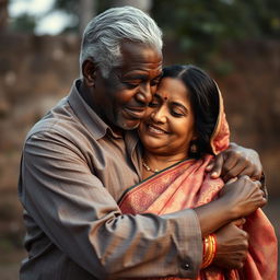 A heartfelt scene showcasing an older black African man tenderly embracing an Indian woman dressed in a richly patterned saree