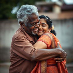 A heartfelt scene showcasing an older black African man tenderly embracing an Indian woman dressed in a richly patterned saree