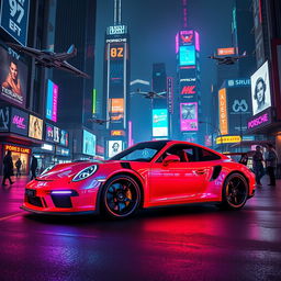 A striking scene featuring a Porsche 911, glowing in neon lights, parked in the foreground of a bustling cyberpunk city