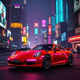 A striking scene featuring a Porsche 911, glowing in neon lights, parked in the foreground of a bustling cyberpunk city