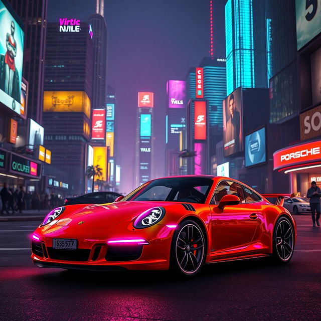 A striking scene featuring a Porsche 911, glowing in neon lights, parked in the foreground of a bustling cyberpunk city