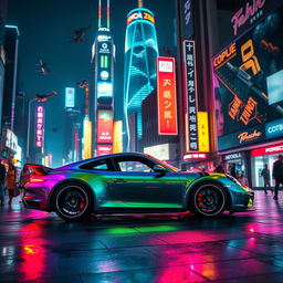 A striking scene featuring a Porsche 911, glowing in neon lights, parked in the foreground of a bustling cyberpunk city