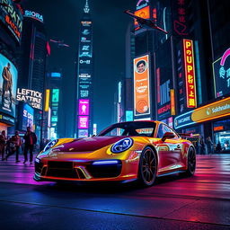 A striking scene featuring a Porsche 911, glowing in neon lights, parked in the foreground of a bustling cyberpunk city