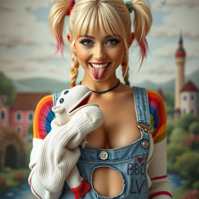 A close-up shot of a gorgeous female with a stunning blonde appearance, featuring playful pigtails with colorful tips