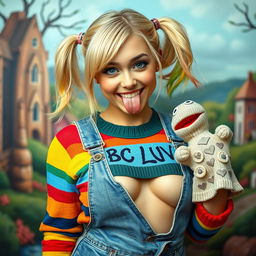 A close-up shot of a gorgeous female with a stunning blonde appearance, featuring playful pigtails with colorful tips