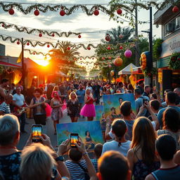 A lively entertainment scene with vibrant colors showcasing a bustling street festival filled with diverse performers, including musicians playing various instruments, dancers in colorful costumes, and artists painting live on canvas