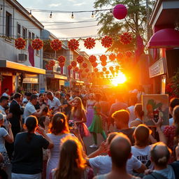 A lively entertainment scene with vibrant colors showcasing a bustling street festival filled with diverse performers, including musicians playing various instruments, dancers in colorful costumes, and artists painting live on canvas