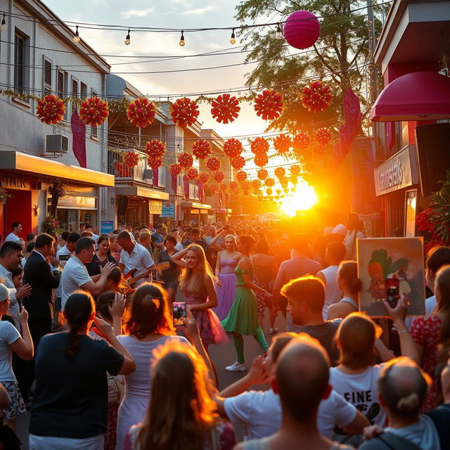 A lively entertainment scene with vibrant colors showcasing a bustling street festival filled with diverse performers, including musicians playing various instruments, dancers in colorful costumes, and artists painting live on canvas